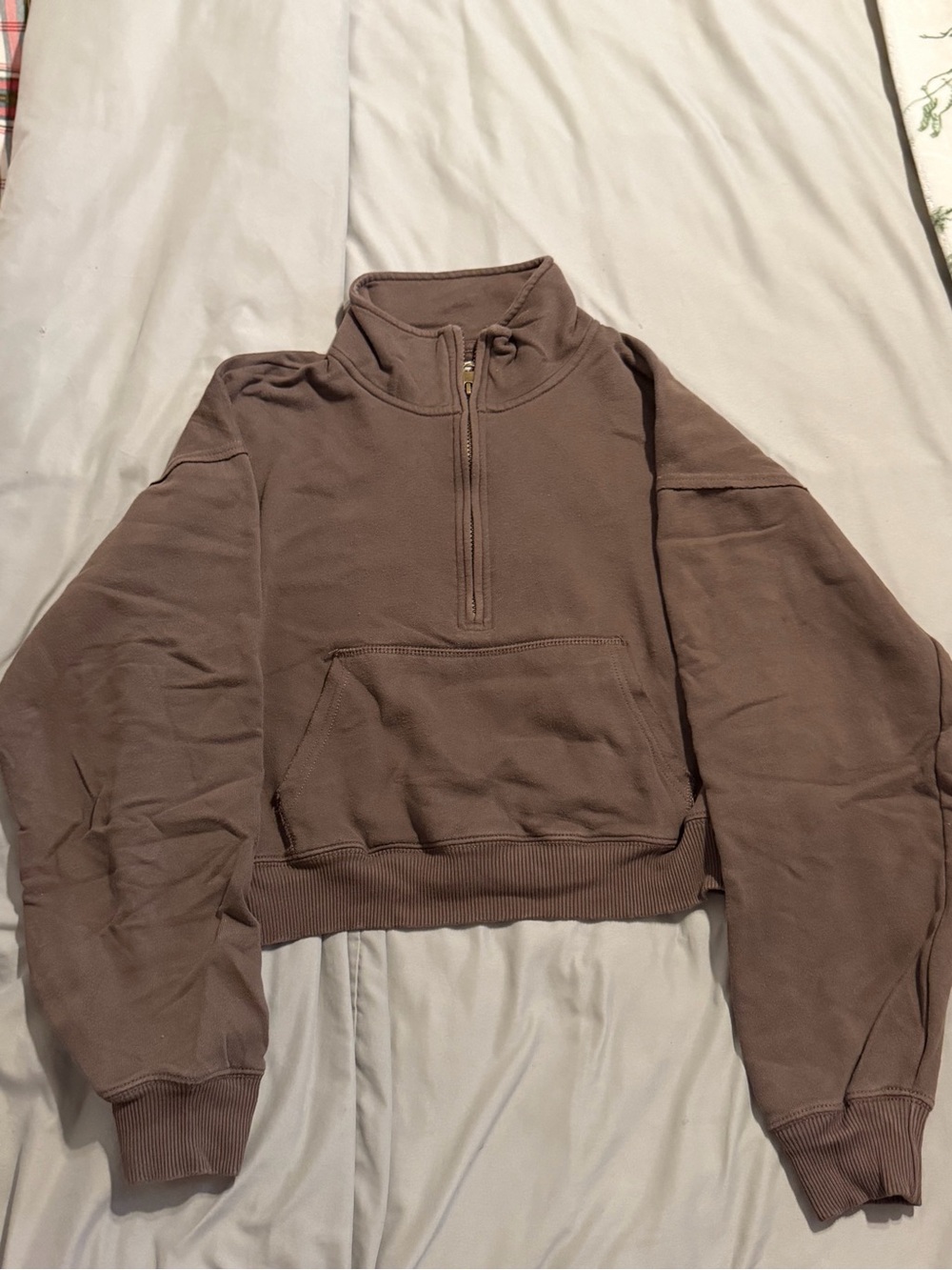 Brown Cropped Quarter Zip Kangaroo Pocket Sweatshirt